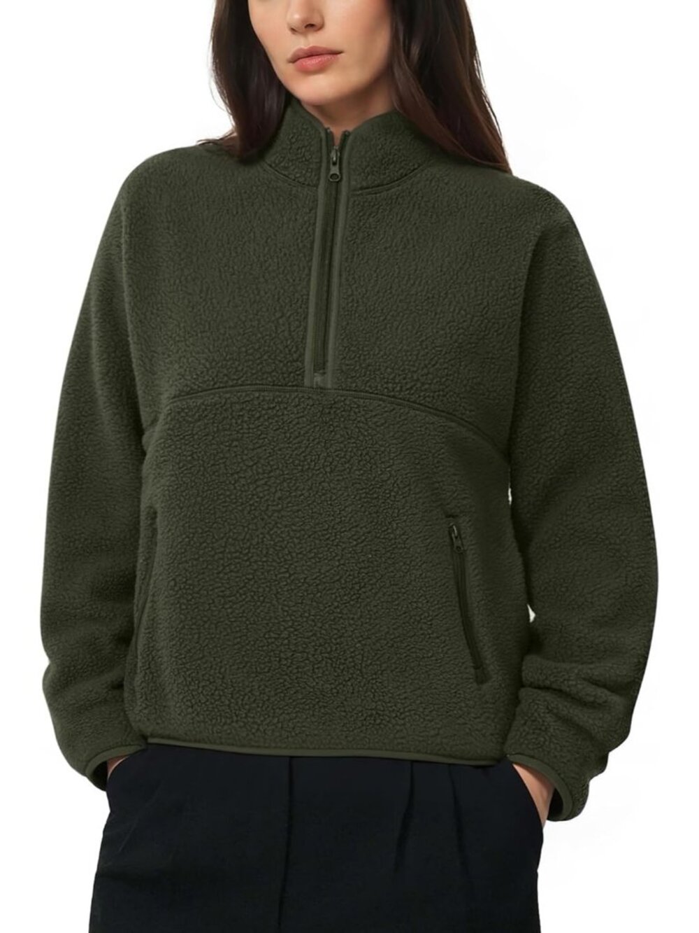 Women's Olive Green Mock Neck Quarter ZIP Fleece Sherpa Pullover Warm Sweatshirt